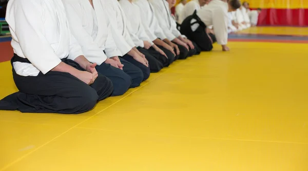 Personas en kimono y hakama sentadas en tatami en entrenamiento de artes marciales — Foto de Stock