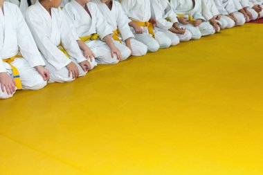 Kimono tatami dövüş sanatları seminer üzerinde oturan çocuklarda
