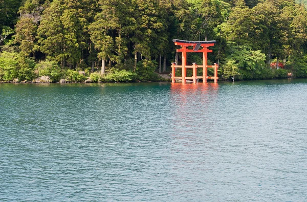 Une porte flottante Torii sur un lac Ashi — Photo