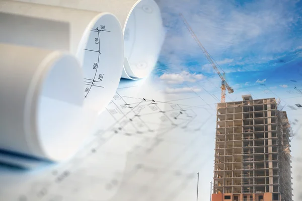 Bina inşaat planları ile kolaj ve vinç