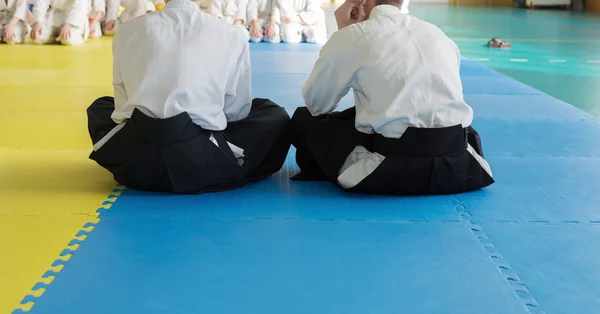 Chicos en hakama sentados en tatami en entrenamiento de artes marciales — Foto de Stock