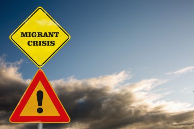 A road sign Migrant Crisis on a background with sky clipart