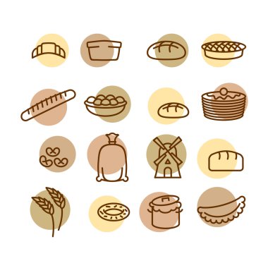 Bakery set of icons. Characters of food and bread. Windmill and 