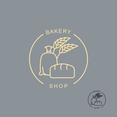 Bakery shop logo. Sack of flour and bread. Spikelets of wheat to