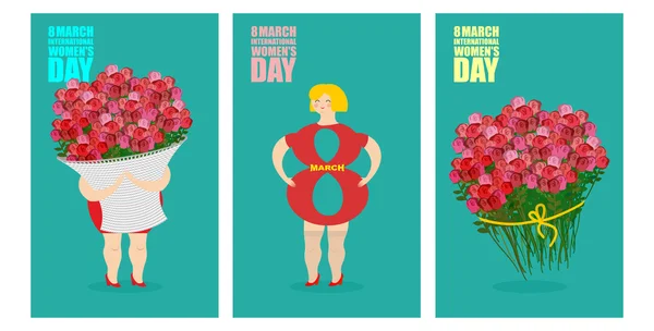 8 Conjunto de postales de marzo. Día Internacional de la Mujer. Mujer y ba — Archivo Imágenes Vectoriales