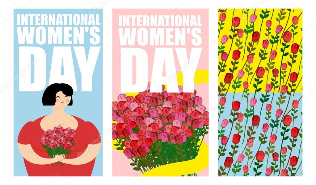 8 March. Set of postcards. International womens day. Cheerful Wo