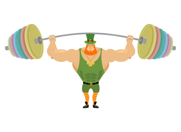 Leprechaun e esportes barbell. Barbell banco imprensa acima de sua hea — Vetor de Stock