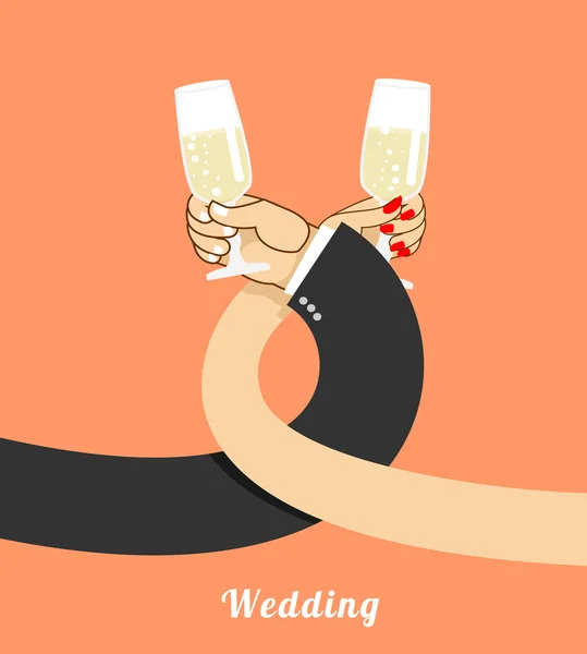 Svatební. Nevěsta a ženich pijí šampaňské na bratrstvu. ruka o — Stockový vektor