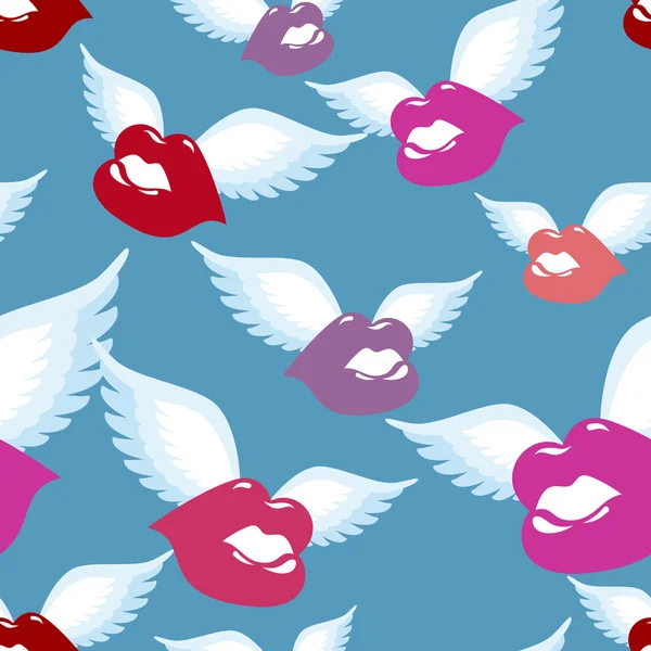 Winged Kiss seamless pattern. Kiss with wings background. Fabric — 图库矢量图片