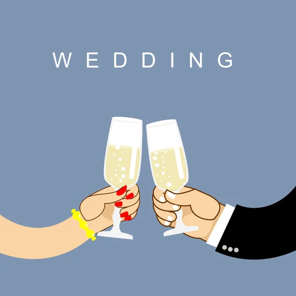 Svatební. Novomanželé cinkané brýle. Nevěsta a ženich pije víno — Stockový vektor