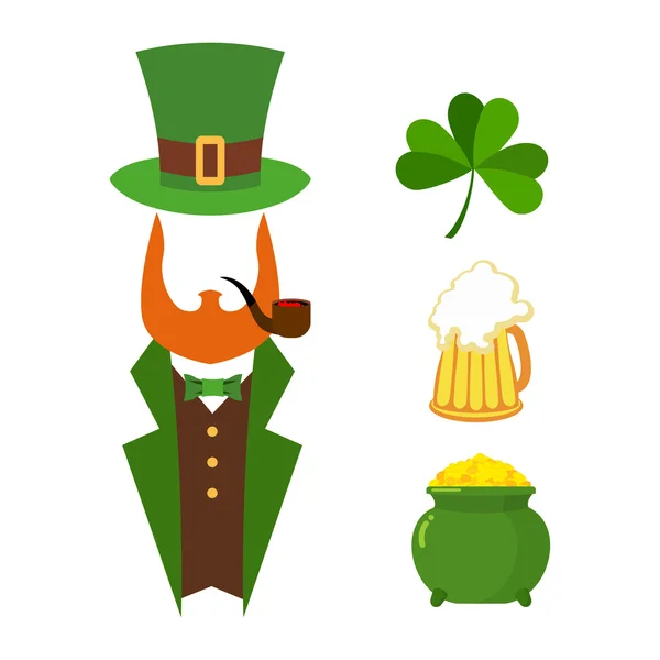 Patricks day set of elements. Green clover. Mug with beer. Big — Stock Vector