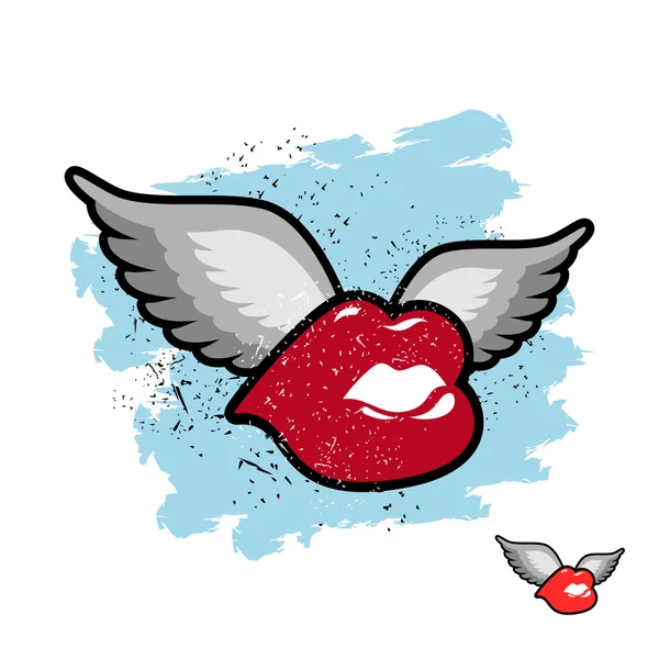 Beso con alas. labios voladores. Amantes del grunge emblema. Lis rojo jugoso — Archivo Imágenes Vectoriales