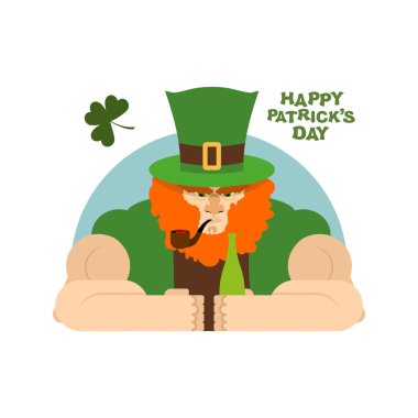 Ciddi leprechaun ve bira şişesi. Vahşi Leprechaun ba at