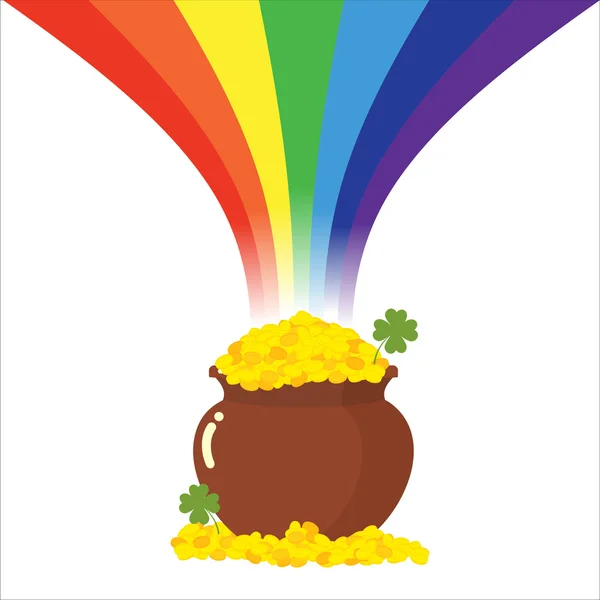 Pot złota i Rainbow. Magiczny skarb Leprechaun. Koniczyna i — Wektor stockowy