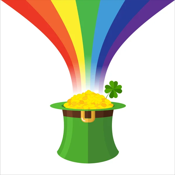 Cappello leprecauno e arcobaleno. Cappello in oro verde cilindro. Mitico. — Vettoriale Stock