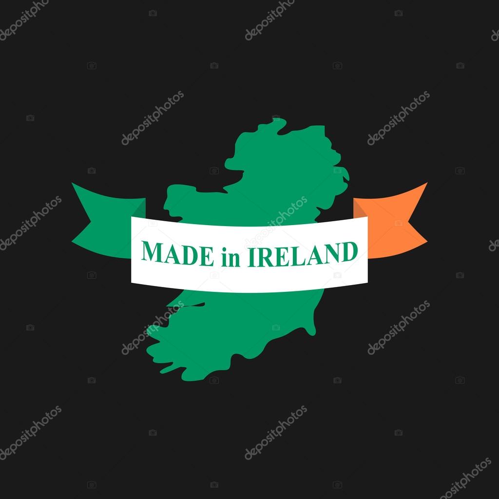 Made in Ireland. logo for product. Map of Ireland and Ribbon with colors of Irish flag. Label template for production o