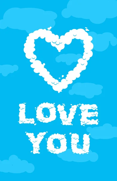 Love you cloud. Symbol of heart of the white clouds on blue heav — Stock Vector