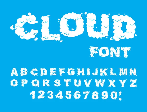 Cloud font. ABCs of white clouds in blue sky. Cloud letters and — Stock Vector