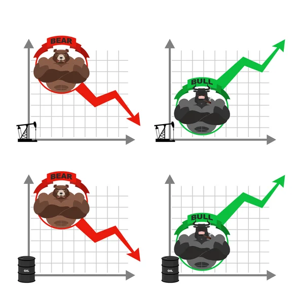 İş petrolü üretim grafiği. Petrol platformu. varil petrol. Boğa ve — Stok Vektör