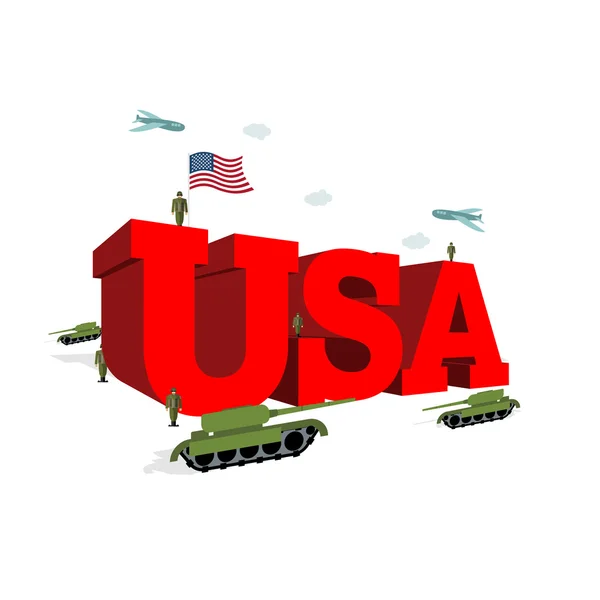 Letras USA 3D. Arte patriótico militar en América. Soldados. — Vector de stock