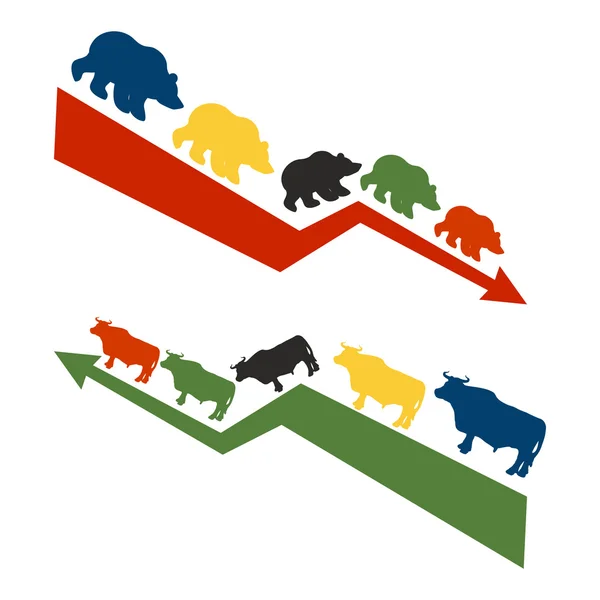 Stieren en beren. Stijging en daling van de noteringen op de beurs. — Stockvector