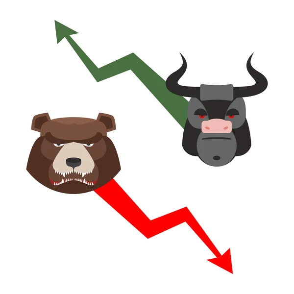 Touro e urso. Alegoria dos comerciantes. Ações verdes de aumento de seta . —  Vetores de Stock