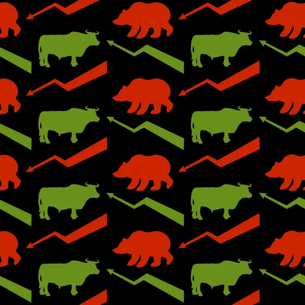 Bulls and bears traders seamless pattern. Green Red Bull and bea — Stock Vector