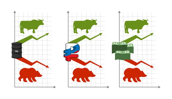 Stieren en beren. Stijging en daling van de offertes. Groene pijl omhoog. Rode — Stockvector