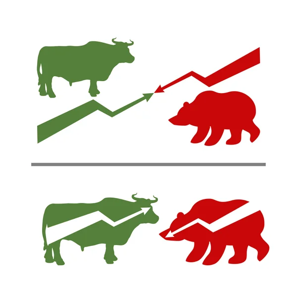 Taureau et ours. Hausse et chute des titres. Green Bull. Ours rouge — Image vectorielle