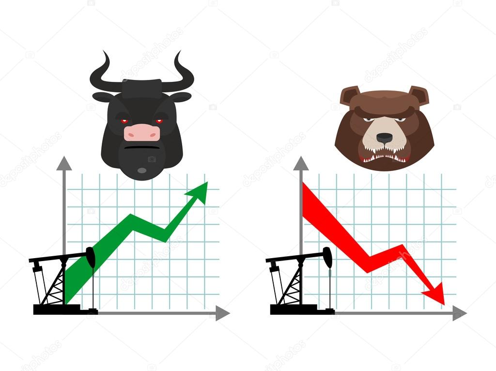 Bear and bull. Quotations of oil production. Oil rig. Depreciati