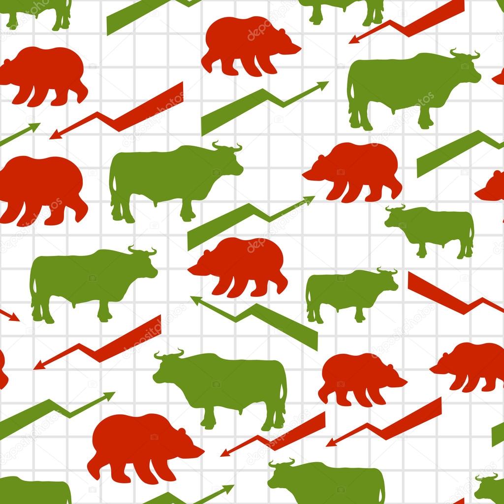 Bulls and bears seamless pattern. Exchange traders. Red up arrow