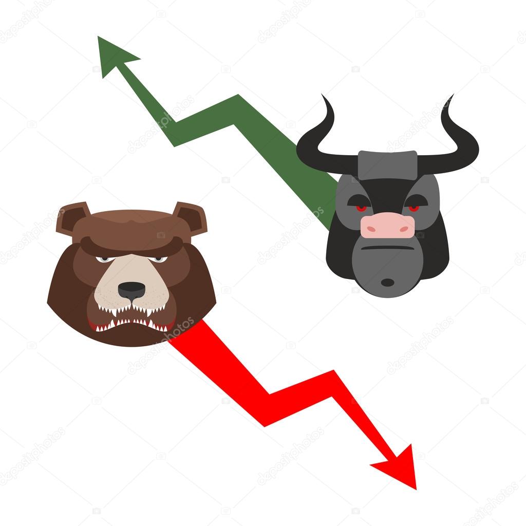 Bull and bear. Traders allegory. Green up arrow-increase shares.