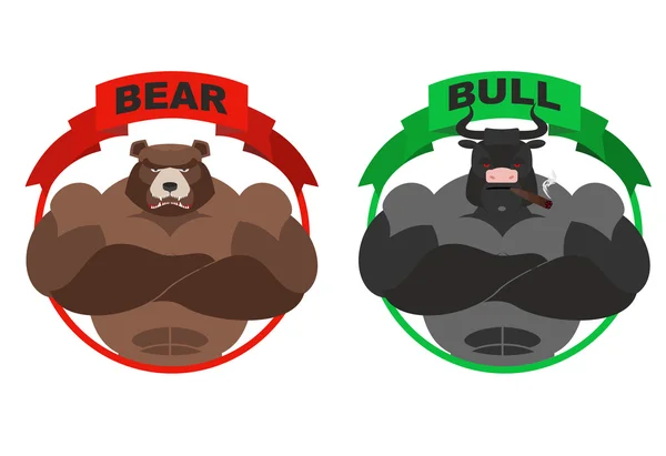 Medvěd a býk. Silné medvěd. Býčí rohy na bílém pozadí. — Stockový vektor