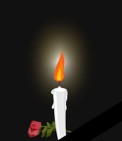 Mourning. Mourning figure white candle and flowers. Darkness and