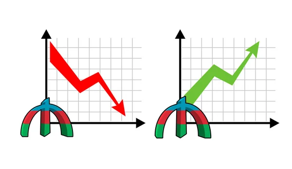 Queda e subida de manat de cursos, óleo. Seta vermelha para baixo. Verde para cima um —  Vetores de Stock