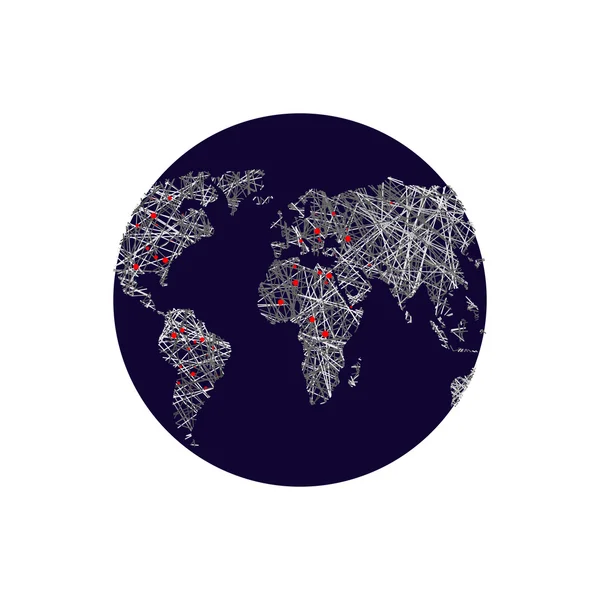 La Terre Noire. Carte du monde linéaire. Feux rouges capitales. Atlas mondial . — Image vectorielle