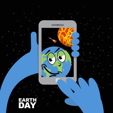 Dünya Günü. Güneş'te Dünya gezegeni selfie'si. Dünya gezegeni ve mobil p