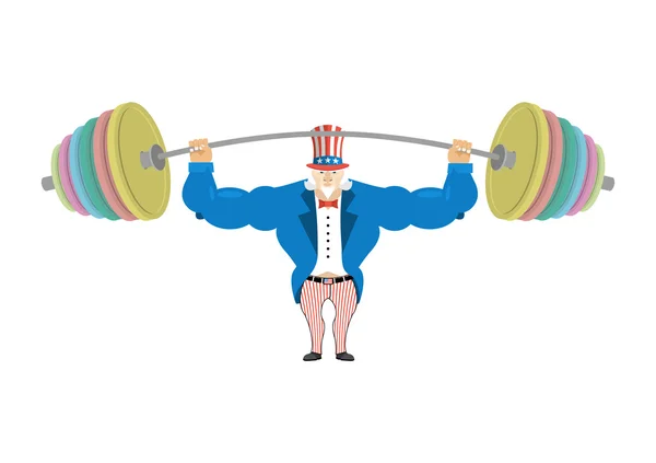 Uncle Sam and sports barbell. Powerful Uncle Sam. Strong Uncle S — Stock Vector