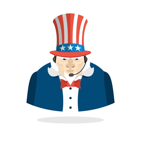 Uncle Sam call center. Uncle Sam and headset. Symbol of America — 图库矢量图片