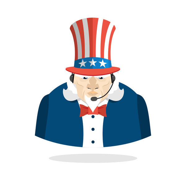 Uncle Sam call center. Uncle Sam and headset. Symbol of America 