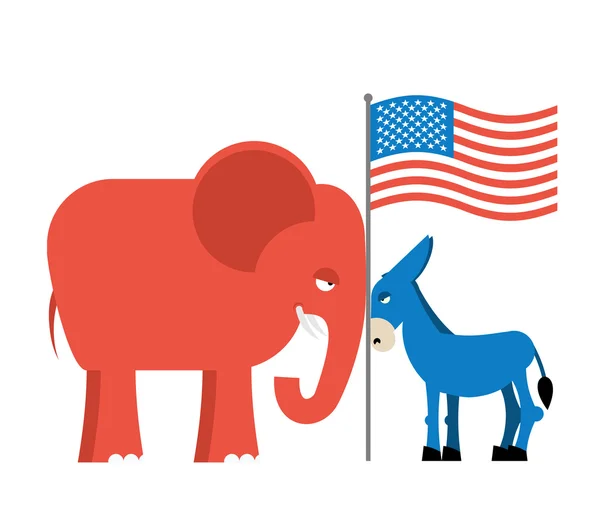 Donkey and elephant symbols of political parties in America. USA — Stock Vector