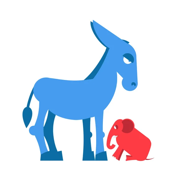 Grand âne bleu et petit éléphant rouge symboles des partis politiques en Amérique. Démocrates contre Républicains. Opposition à la politique américaine. Symbole du débat politique. Élections américaines — Image vectorielle