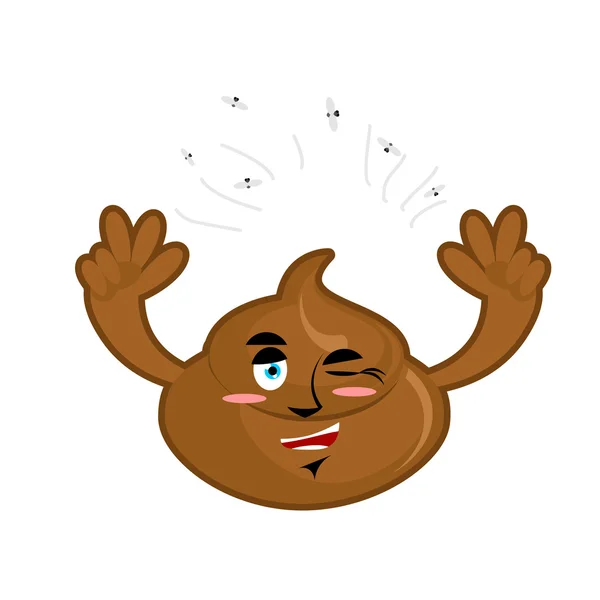 Cheerful turd. Joyful shit. feces and flies. Winking shit hands — Stock Vector