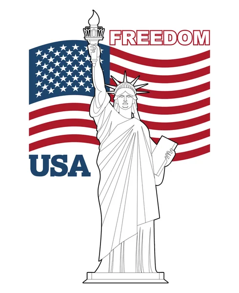Statua della Libertà e bandiera americana. Simbolo di libertà e democrazia — Vettoriale Stock
