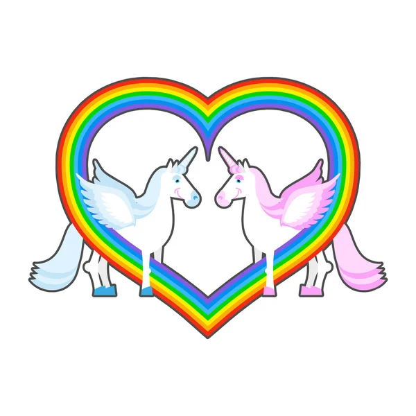 Två Enhörning och Rainbow Heart. Symbol för hbt-samhället. Rosa a — Stock vektor