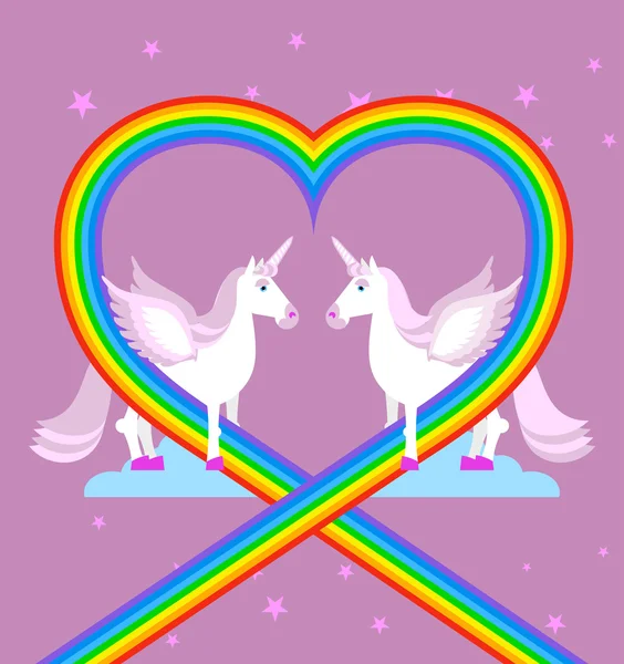 Unicornio rosa en el cielo púrpura. Corazón del arco iris. Personajes LGBT. F — Archivo Imágenes Vectoriales