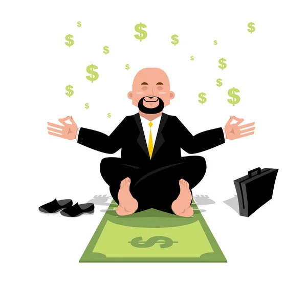 Yoga financiero. Empresario meditando en el dinero. Hombre sentado en — Vector de stock