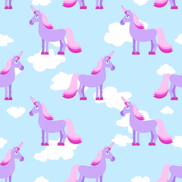 Purple Unicorn on blue sky with white clouds seamless pattern. F — Stok Vektör