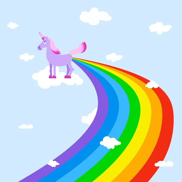 Unicorn pooping rainbows. Fantastic animal in sky. White clouds. — Stock Vector