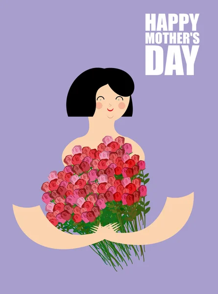 Dia das Mães. Mulher segurando grande buquê de rosas vermelhas. Animado. — Vetor de Stock